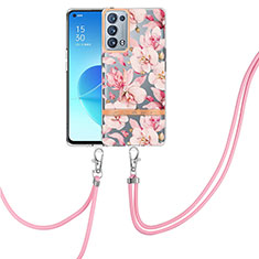 Funda Silicona Gel Goma Patron de Moda Carcasa con Acollador Cordon Lanyard Y06B para Oppo Reno6 Pro+ Plus 5G Rosa