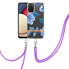 Funda Silicona Gel Goma Patron de Moda Carcasa con Acollador Cordon Lanyard Y06B para Samsung Galaxy A03s Azul