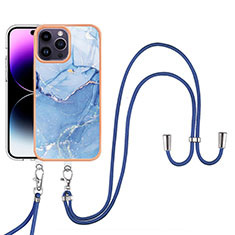 Funda Silicona Gel Goma Patron de Moda Carcasa con Acollador Cordon Lanyard Y07B para Apple iPhone 13 Pro Max Azul