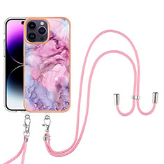 Funda Silicona Gel Goma Patron de Moda Carcasa con Acollador Cordon Lanyard Y07B para Apple iPhone 13 Pro Purpura Claro