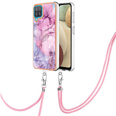 Funda Silicona Gel Goma Patron de Moda Carcasa con Acollador Cordon Lanyard YB7 para Samsung Galaxy A12 Purpura Claro