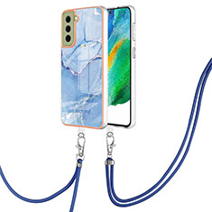 Funda Silicona Gel Goma Patron de Moda Carcasa con Acollador Cordon Lanyard YB7 para Samsung Galaxy S21 FE 5G Azul