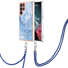 Funda Silicona Gel Goma Patron de Moda Carcasa con Acollador Cordon Lanyard YB7 para Samsung Galaxy S22 Ultra 5G Azul