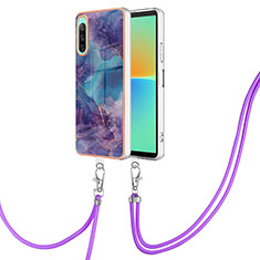 Funda Silicona Gel Goma Patron de Moda Carcasa con Acollador Cordon Lanyard YB7 para Sony Xperia 10 IV Morado