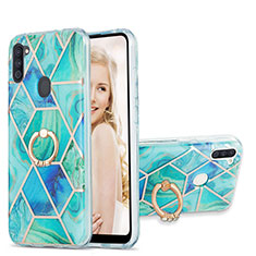 Funda Silicona Gel Goma Patron de Moda Carcasa con Anillo de dedo Soporte Y01B para Samsung Galaxy A11 Menta Verde