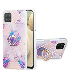 Funda Silicona Gel Goma Patron de Moda Carcasa con Anillo de dedo Soporte Y01B para Samsung Galaxy A12 Purpura Claro