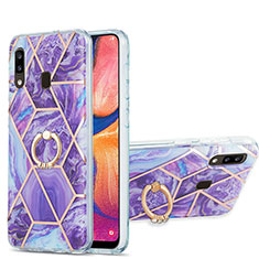 Funda Silicona Gel Goma Patron de Moda Carcasa con Anillo de dedo Soporte Y01B para Samsung Galaxy A30 Morado