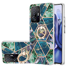 Funda Silicona Gel Goma Patron de Moda Carcasa con Anillo de dedo Soporte Y01B para Xiaomi Mi 11T Pro 5G Verde Noche