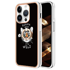 Funda Silicona Gel Goma Patron de Moda Carcasa con Anillo de dedo Soporte Y02B para Apple iPhone 13 Pro Max Negro