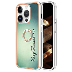 Funda Silicona Gel Goma Patron de Moda Carcasa con Anillo de dedo Soporte Y02B para Apple iPhone 13 Pro Verde