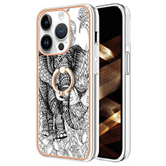 Funda Silicona Gel Goma Patron de Moda Carcasa con Anillo de dedo Soporte Y02B para Apple iPhone 14 Pro Gris