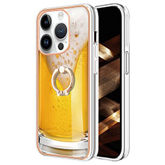 Funda Silicona Gel Goma Patron de Moda Carcasa con Anillo de dedo Soporte Y02B para Apple iPhone 15 Pro Amarillo