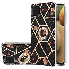 Funda Silicona Gel Goma Patron de Moda Carcasa con Anillo de dedo Soporte Y02B para Samsung Galaxy F12 Negro