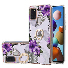 Funda Silicona Gel Goma Patron de Moda Carcasa con Anillo de dedo Soporte Y03B para Samsung Galaxy A21s Morado