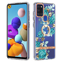 Funda Silicona Gel Goma Patron de Moda Carcasa con Anillo de dedo Soporte Y06B para Samsung Galaxy A21s Cian