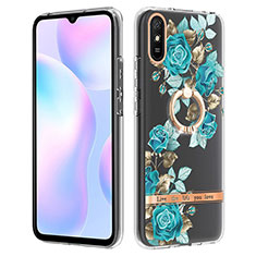 Funda Silicona Gel Goma Patron de Moda Carcasa con Anillo de dedo Soporte Y06B para Xiaomi Redmi 9AT Cian