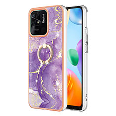 Funda Silicona Gel Goma Patron de Moda Carcasa con Anillo de dedo Soporte YB5 para Xiaomi Redmi 10C 4G Morado