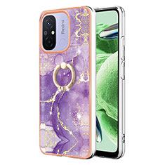 Funda Silicona Gel Goma Patron de Moda Carcasa con Anillo de dedo Soporte YB5 para Xiaomi Redmi 12C 4G Morado