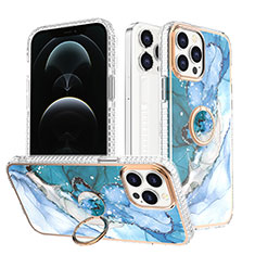 Funda Silicona Gel Goma Patron de Moda Carcasa con Anillo de dedo Soporte YJ1 para Apple iPhone 13 Pro Azul