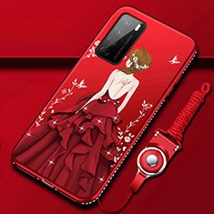 Funda Silicona Gel Goma Vestido de Novia Carcasa para Huawei Honor Play4 5G Rojo