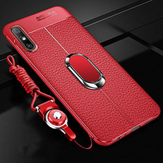 Funda Silicona Goma de Cuero Carcasa con Magnetico Anillo de dedo Soporte para Huawei Enjoy 10e Rojo