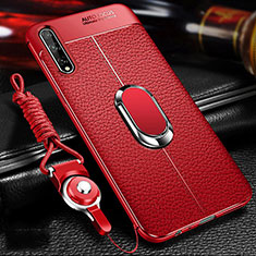 Funda Silicona Goma de Cuero Carcasa con Magnetico Anillo de dedo Soporte para Huawei Enjoy 10S Rojo