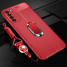 Funda Silicona Goma de Cuero Carcasa con Magnetico Anillo de dedo Soporte para Huawei Honor Play4 5G Rojo