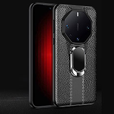 Funda Silicona Goma de Cuero Carcasa con Magnetico Anillo de dedo Soporte para Huawei Mate 60 RS Ultimate Negro