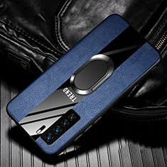 Funda Silicona Goma de Cuero Carcasa con Magnetico Anillo de dedo Soporte para Huawei P40 Lite 5G Azul