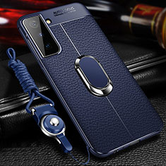 Funda Silicona Goma de Cuero Carcasa con Magnetico Anillo de dedo Soporte para Samsung Galaxy S23 5G Azul