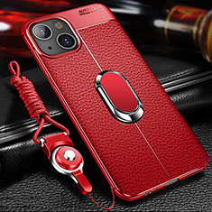 Funda Silicona Goma de Cuero Carcasa con Magnetico Anillo de dedo Soporte S02 para Apple iPhone 13 Rojo