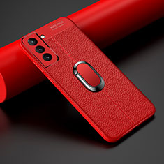 Funda Silicona Goma de Cuero Carcasa con Magnetico Anillo de dedo Soporte S02 para Samsung Galaxy S21 5G Rojo