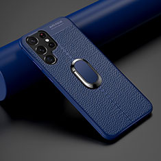 Funda Silicona Goma de Cuero Carcasa con Magnetico Anillo de dedo Soporte S02 para Samsung Galaxy S21 Ultra 5G Azul