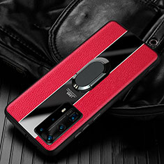 Funda Silicona Goma de Cuero Carcasa con Magnetico Anillo de dedo Soporte S04 para Huawei P40 Pro+ Plus Rojo