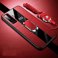 Funda Silicona Goma de Cuero Carcasa con Magnetico Anillo de dedo Soporte S04 para Vivo X50 5G Rojo