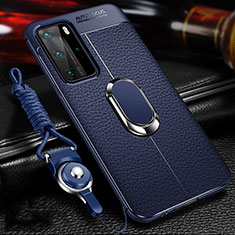 Funda Silicona Goma de Cuero Carcasa con Magnetico Anillo de dedo Soporte T01 para Huawei P40 Pro Azul