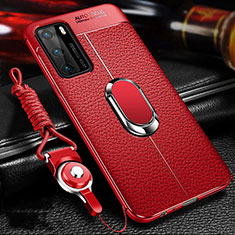 Funda Silicona Goma de Cuero Carcasa con Magnetico Anillo de dedo Soporte T01 para Huawei P40 Rojo