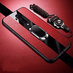 Funda Silicona Goma de Cuero Carcasa con Magnetico Anillo de dedo Soporte T01 para OnePlus 7T Pro Rojo