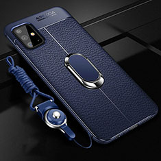 Funda Silicona Goma de Cuero Carcasa con Magnetico Anillo de dedo Soporte T01 para Samsung Galaxy A51 5G Azul