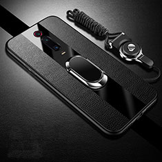 Funda Silicona Goma de Cuero Carcasa con Magnetico Anillo de dedo Soporte T01 para Xiaomi Mi 9T Negro