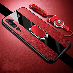 Funda Silicona Goma de Cuero Carcasa con Magnetico Anillo de dedo Soporte T01 para Xiaomi Mi Note 10 Rojo