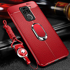 Funda Silicona Goma de Cuero Carcasa con Magnetico Anillo de dedo Soporte T01 para Xiaomi Redmi Note 9 Rojo