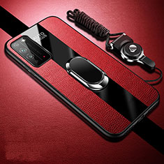 Funda Silicona Goma de Cuero Carcasa con Magnetico Anillo de dedo Soporte T02 para Huawei Honor X10 5G Rojo
