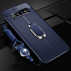 Funda Silicona Goma de Cuero Carcasa con Magnetico Anillo de dedo Soporte T02 para Samsung Galaxy S10 5G Azul