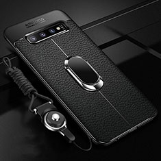 Funda Silicona Goma de Cuero Carcasa con Magnetico Anillo de dedo Soporte T02 para Samsung Galaxy S10 5G Negro