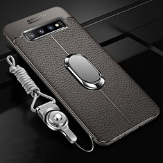 Funda Silicona Goma de Cuero Carcasa con Magnetico Anillo de dedo Soporte T02 para Samsung Galaxy S10 Gris