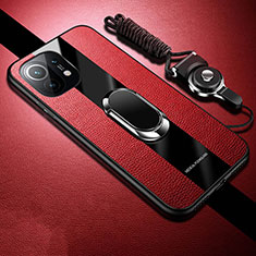 Funda Silicona Goma de Cuero Carcasa con Magnetico Anillo de dedo Soporte T02 para Xiaomi Mi 11 5G Rojo