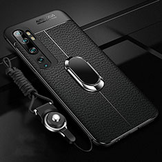 Funda Silicona Goma de Cuero Carcasa con Magnetico Anillo de dedo Soporte T02 para Xiaomi Mi Note 10 Negro