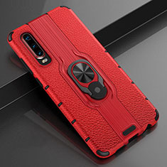 Funda Silicona Goma de Cuero Carcasa con Magnetico Anillo de dedo Soporte T04 para Huawei P30 Rojo