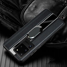 Funda Silicona Goma de Cuero Carcasa con Magnetico Anillo de dedo Soporte T04 para Samsung Galaxy S20 Ultra 5G Negro